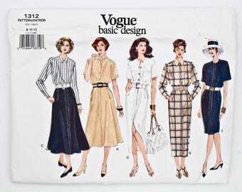 Patrón de costura Vogue 1312, Vestido para señora, Diseño básico, Patrón vintage, Fácil de coser, Tallas 8-10-12, Sin cortar (plegado de fábrica), Año 1994