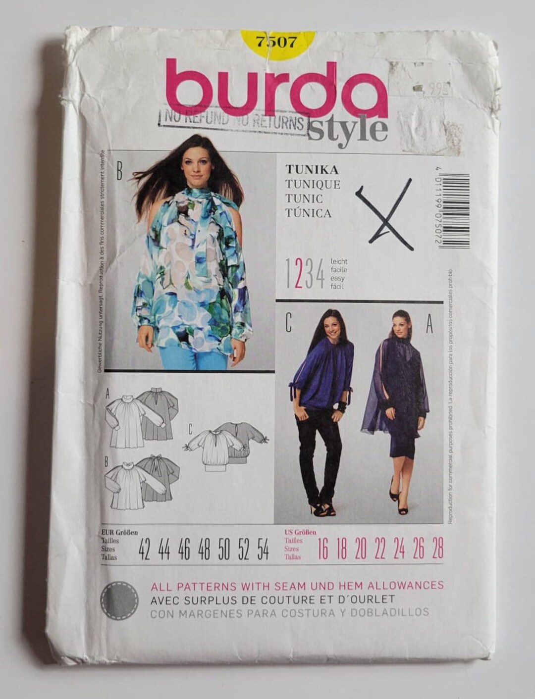 Burda Sewing Pattern 7507, Misses' Tunic, Top, Blouse, Size 16-28 UNCUT ...
