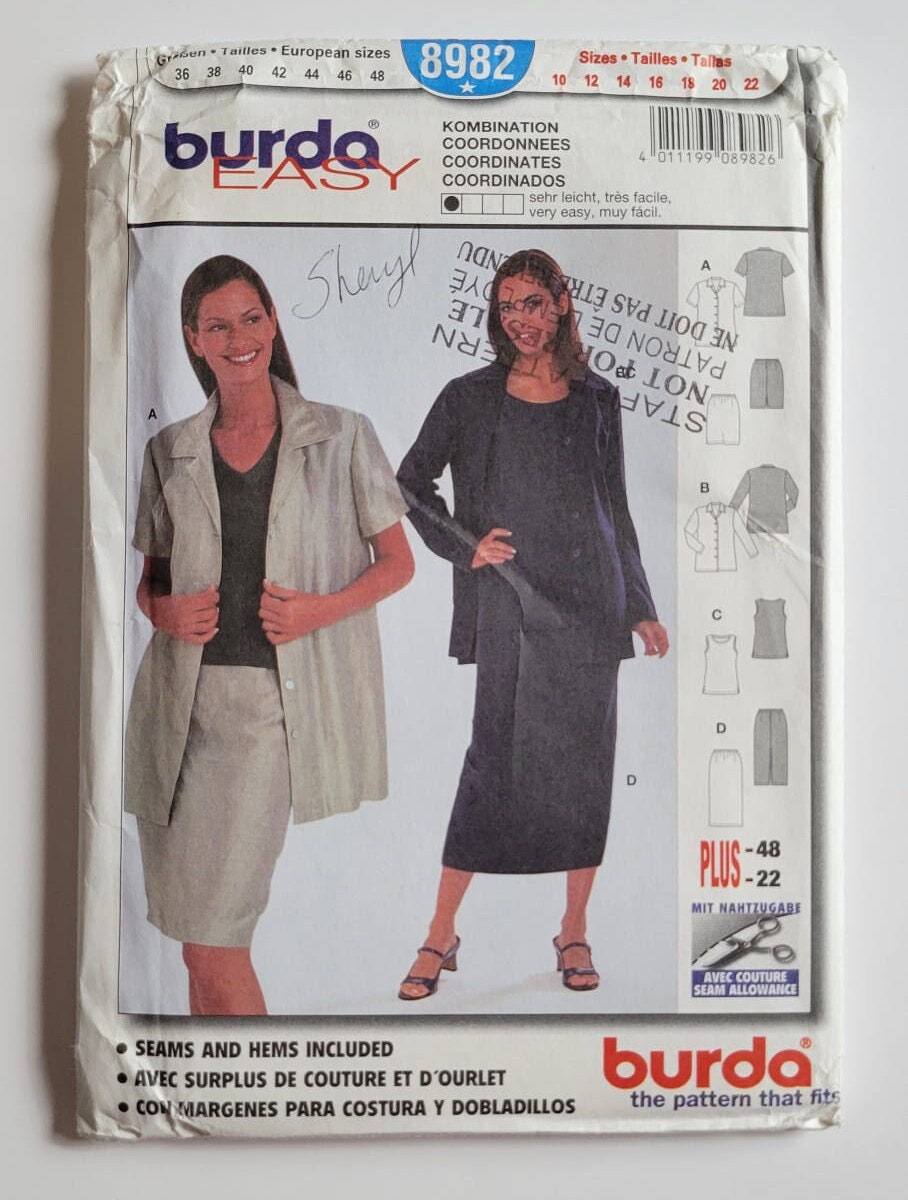 Burda Sewing Pattern 8982, Easy to Sew, Misses' Top, Jacket, Skirt, Size 10-22, UNCUT (factory folded), Year 2000 Burda Sewing Pattern 8982, Easy to Sew, Misses' Top, Jacket, Skirt, Size 10-22, UNCUT (factory folded), Year 2000