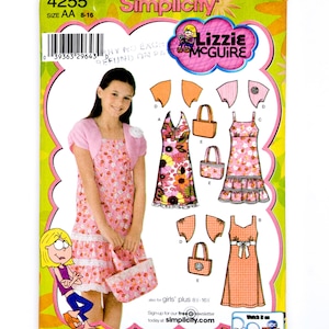 May include: Simplicity sewing pattern with Lizzie McGuire designs. The pattern includes dresses, a bolero, and handbags. The main colors are pink, orange, and white. The pattern is for sizes 8-16.