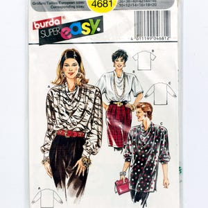 May include: A Burda Super Easy sewing pattern packet featuring illustrations of women's blouses and tops. The packet includes the number 4681, European sizes, and the Burda Super Easy logo.