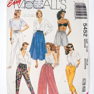 May include: A sewing pattern for women's trousers. The pattern includes four different styles of trousers: white wide-leg trousers, floral print trousers, red wide-leg culottes, and yellow cropped trousers. The pattern is for size 14-16, medium.