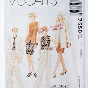 McCall&#39;s Sewing Pattern 7550, Misses&#39; Skirt, Jacket, Top, Pants, Vintage Pattern, Size 16-18-20, UNCUT (factory folded), Year 1995