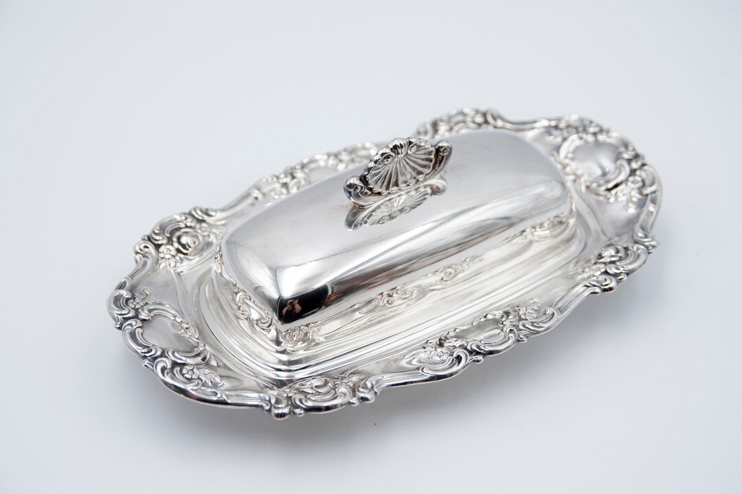 Vintage Silver Plated Butter Serving Dish, Knife, and Glass Insert