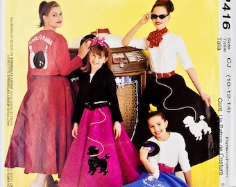McCalls 416 1950s Poodle Skirt Sock Hop Costume Sewing Pattern Girls 10-14 UNCUT FF