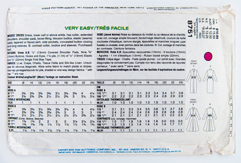 Vogue Sewing Pattern 8751 Misses' Dress Vintage Pattern - Etsy