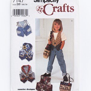 May include: A Simplicity Crafts sewing pattern for making a waistcoat and a bag. The pattern is for sizes BB, 5, 6, 7, and 8. The pattern includes five different designs for the waistcoat and one design for the bag. The pattern is called "Sunrise Designs" by Jana Lee Beus.
