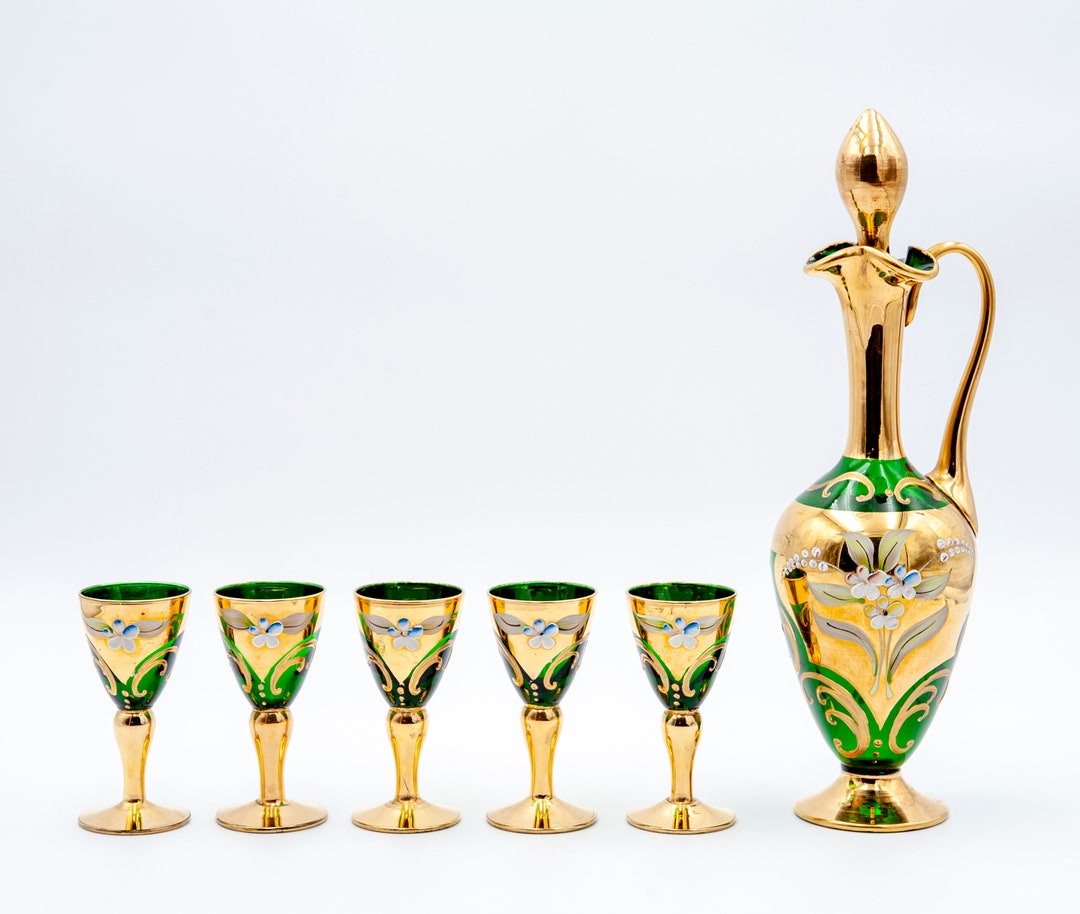 Vintage Murano Glass Decanter Set With Five Small Glasses 24K Gold Leaf Green, Made in Italy Etsy