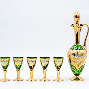 Vintage Murano Glass Decanter Set With Five Small Glasses 24K Gold Leaf - Green, Made in Italy