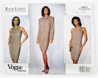 Vogue Sewing Pattern 2893, Vintage Pattern, Misses' Jacket, Dress, American Designer Ralph Lauren, Size 6-8-10, CUT and complete, Year 1992