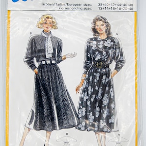 May include: A sewing pattern for a dress with two different styles. The pattern is for sizes 38-48 and 12-40. The pattern is called "Super-Easy" and is from the brand "ourda".