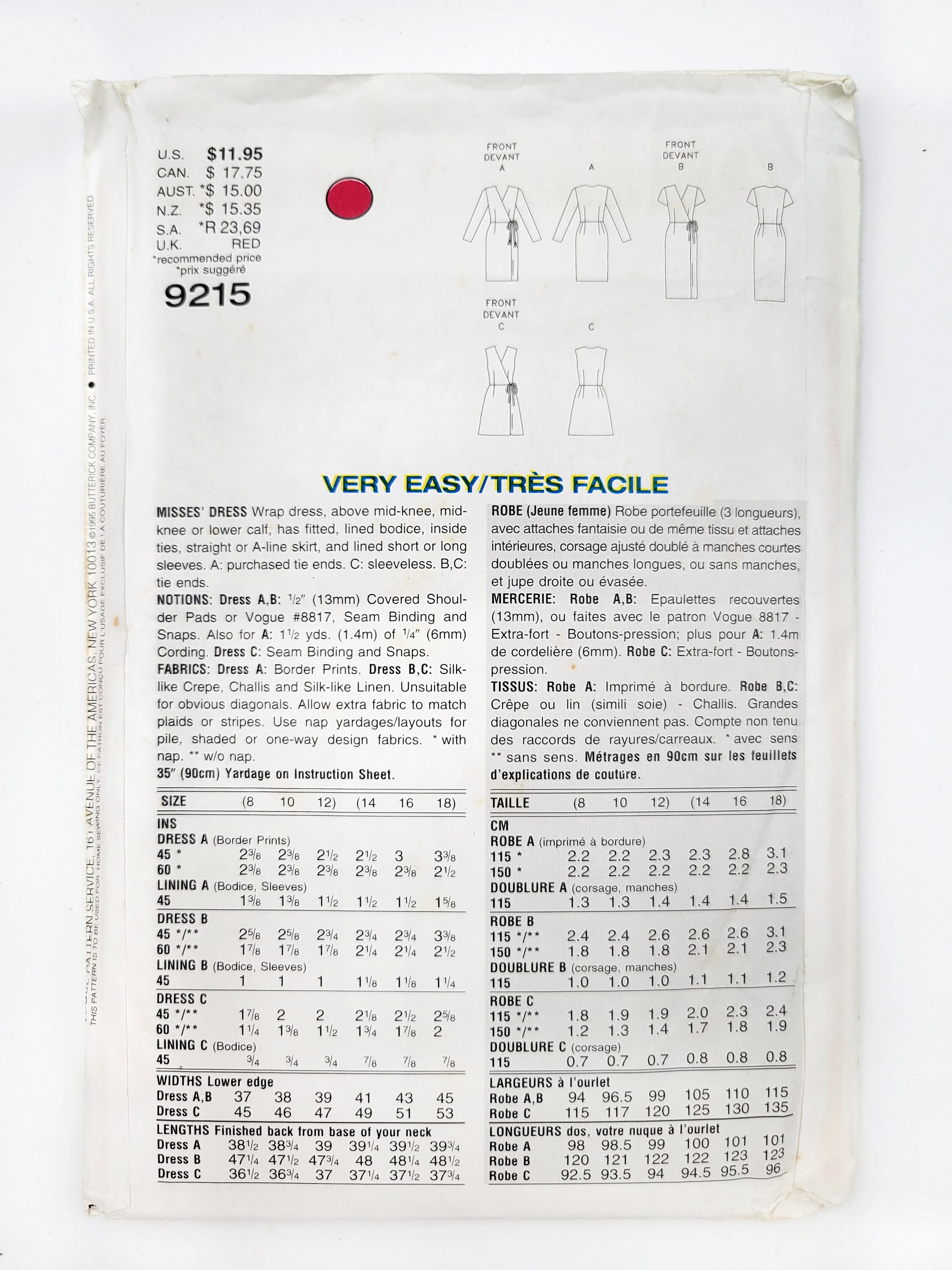 Vogue Sewing Pattern 9215, Easy to Sew, Vintage Pattern, Misses' Dress ...