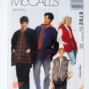 McCall&#39;s Sewing Pattern 6792, Misses&#39;/Men&#39;s Unlined Jacket, Vest, Vintage Pattern, Size S /M / XL, UNCUT (factory folded) Year 1993