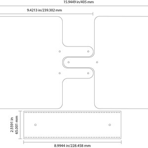 May include: A black and white line drawing of a template for a leather wallet with two pockets and a flap. The template is 40.5 cm by 23.9 cm.