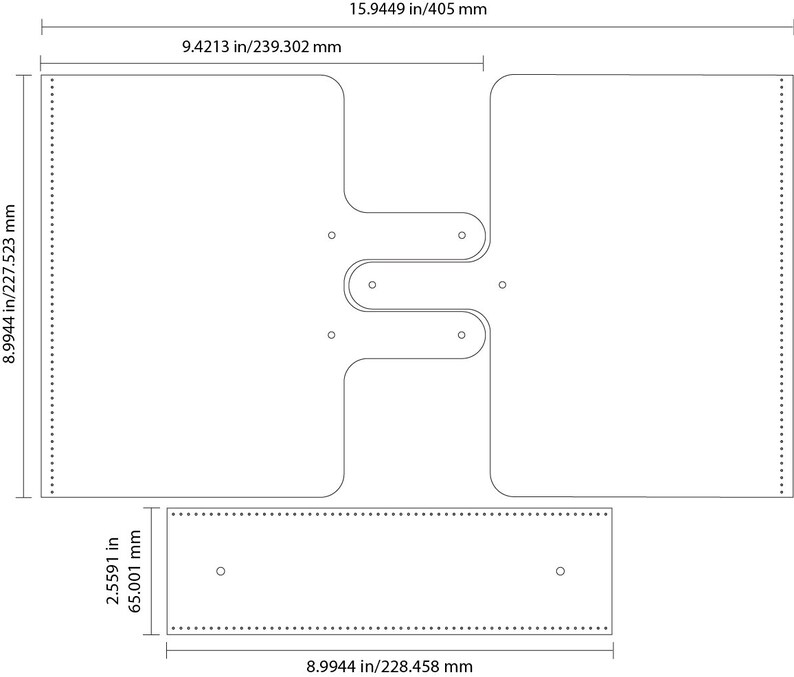 May include: A black and white line drawing of a template for a leather wallet with two pockets and a flap. The template is 40.5 cm by 23.9 cm.