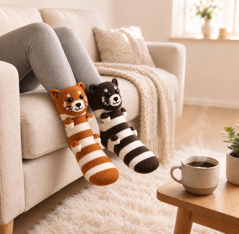 May include: A pair of knit socks featuring animal designs. One sock is orange and white with a red panda face, while the other is dark brown and white with a raccoon face. Both socks have small protruding ears and paws attached to the sides.