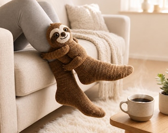May include: A pair of brown knit socks featuring a plush sloth character attached to the upper portion. The sloth has a cream-coloured face, dark eyes, and a stitched smile, with its arms wrapped around the leg of the wearer.