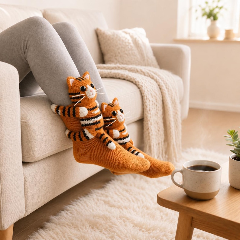 May include: A pair of orange knit socks featuring a three-dimensional cat design. The socks are orange with black stripes, white accents on the face and paws, and include attached plush cat figures that appear to hug the ankles.