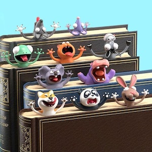 May include: A collection of whimsical animal-shaped bookmarks, each with a unique expression and pose. The bookmarks are designed to sit on top of the pages of a book, adding a playful touch to reading. The animals include a frog, koala, panda, and more.