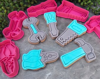 Tool Set 5 Piece Cookie Cutter and Fondant Imprint Embosser Set Spanner Screwdriver Hammer Saw Pliers Tradie Blue Collar Fathers Day