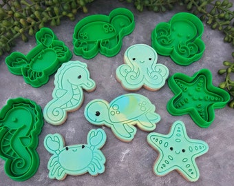 Octopus, Starfish, Seahorse, Turtle & Crab Cookie Cutter and Fondant Stamp Embosser Set Ocean Creatures Under the Sea