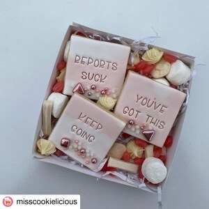 May include: A white gift box filled with pink and white cookies decorated with pink frosting and sprinkles. The cookies have the following messages: "Reports Suck", "You've Got This", and "Keep Going".