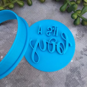 May include: A blue plastic cookie cutter with the words "It's a good" in a white script font.