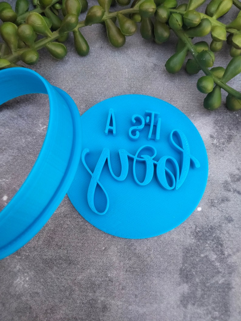 May include: A blue plastic cookie cutter with the words "It's a good" in a white script font.