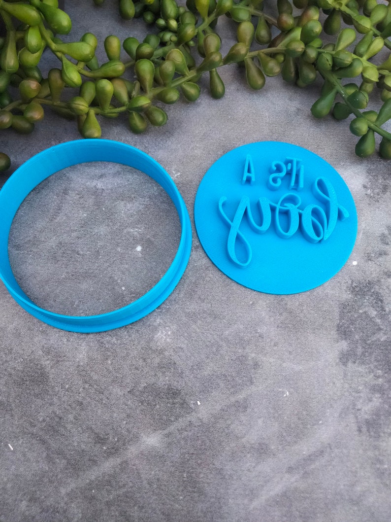 May include: A blue plastic cookie cutter with a round shape and a separate imprint that reads "A little good".