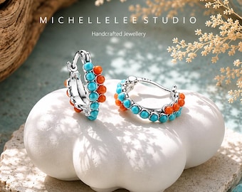 Turquoise Red Agate Huggie Earrings, Sterling Silver Gemstone Hoop Earrings, Southwestern Boho Jewelry Gift for Her