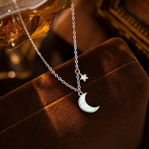 White Opal Moon Lariat Necklace, Sterling Silver Celestial Y Necklace, Dainty Star Pendant Jewellery Gift for Her