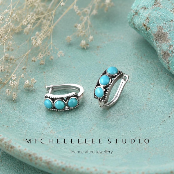Turquoise Huggie Hoop Earrings, Natural Turquoise Bead 925 Sterling Silver Earrings, Chunky Hoop Earrings