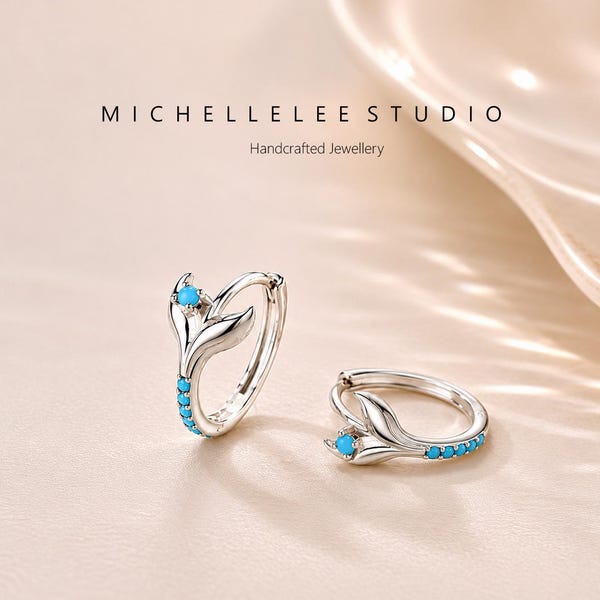 Mermaid Tail Turquoise Hoop Earrings, Sterling Silver Huggie Earrings, Ocean Inspired Jewelry, Dainty Gift for Her
