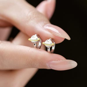 Saturn Huugie Hoop Earrings, Sterling Silver Planet Earrings, Saturn Ring Earrings, Solar system