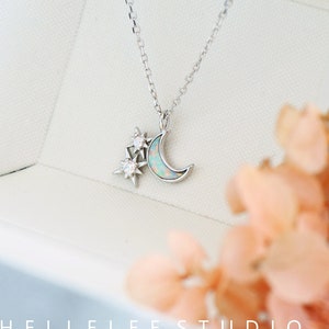 White Opal Moon and Star Pendant Necklace, Sparkling Crescent Moon and Star Necklace, Fire Opal Starburst Necklace, Celestial, Space