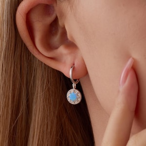 Opal Star Huggie Hoop Earrings, White and Blue Opal Starburst Earrings, Fire Opal Earrings, Gift for Her
