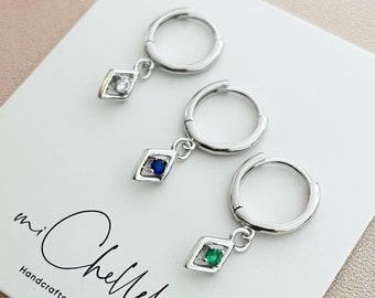 Sterling Silver Huggie Hoops with Diamond Charm, CZ Hoops Earrings, Tiny Hoops in Gold and Silver