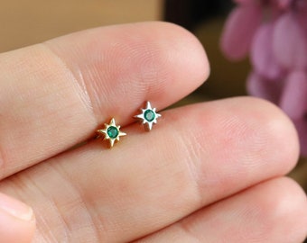 Super Tiny Starburst Stud Earrings with Green CZ Crystals, Super Tiny Star Sterling Silver Earrings with Screw Backs,Helix, Second Earlobe