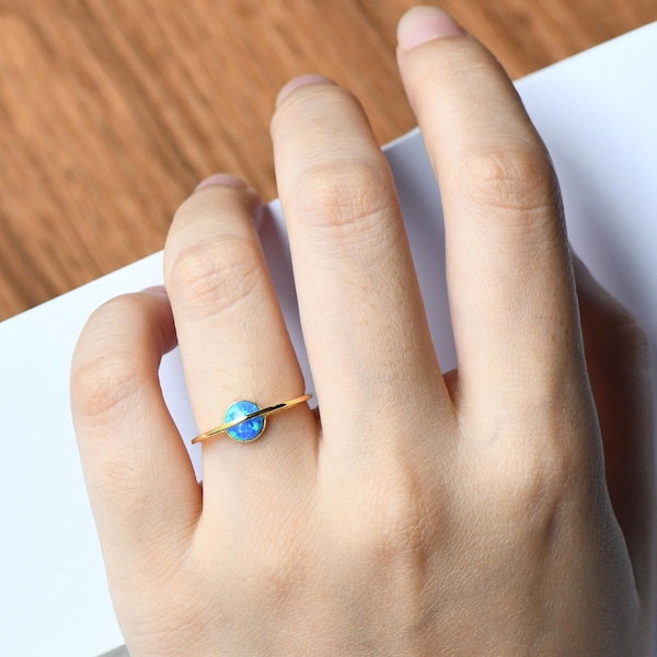 Minimalist White and Blue Fire Opal Planet Adjustable Ring in Sterling Silver, Gold and Silver Plated Fire Opal Ring, Galaxy