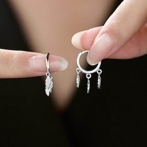 Dangling Feather Charm Hoop Earrings, Feather Trio Hoop Earrings, and Tiny Feather Charm Hoops in Gold and Silver
