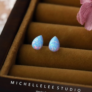 Simple Opal Droplet Stud Earrings, White and Blue Opal Earrings, Pear Cut Opal Earrings, Gift for Her