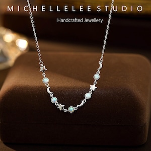 White Opal Moon and Star Necklace, Fire Opal Bead Sterling Silver Necklace, Crescent Moon, Gift for Her, October Birthstones