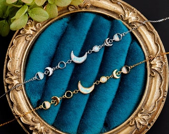 White Opal Moon Phases Armband, Fire Opal Crescent Moon Sterling Zilveren Armband, Cadeau voor haar, Oktober Birthstones