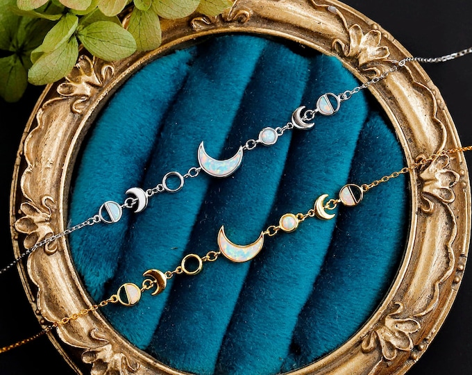White Opal Moon Phases Bracelet, Fire Opal Crescent Moon Sterling Silver Bracelet, Gift for Her, October Birthstones