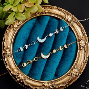 White Opal Moon Phases Bracelet, Fire Opal Crescent Moon Sterling Silver Bracelet, Gift for Her, October Birthstones