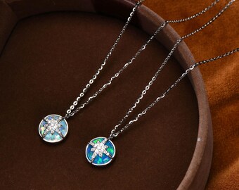スターバーストオパールスターリングシルバーネックレス、ホワイト