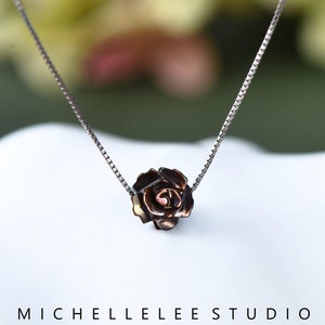 Natural Black Pearl Flower Pendant Necklace, Hand Carved Rose Flower Sterling Silver Necklace