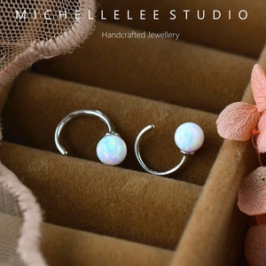 Minimalist Opal Ball Earrings, Fire Opal Open Hoop Earrings, Blue and White Opal Earrings, Gift for Her
