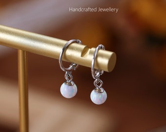 Fire Opal Hoops Earrings in Sterling Silver, White Opal and Blue Opal Ball Huggie Hoops Earrings,Geometric Minimalist