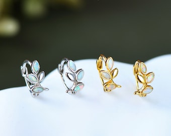 Dainty White Opal Olive Leaf Huggie Hoop Earrings in Sterling Silver, Fire Opal Leaf, Olive Branch Earring